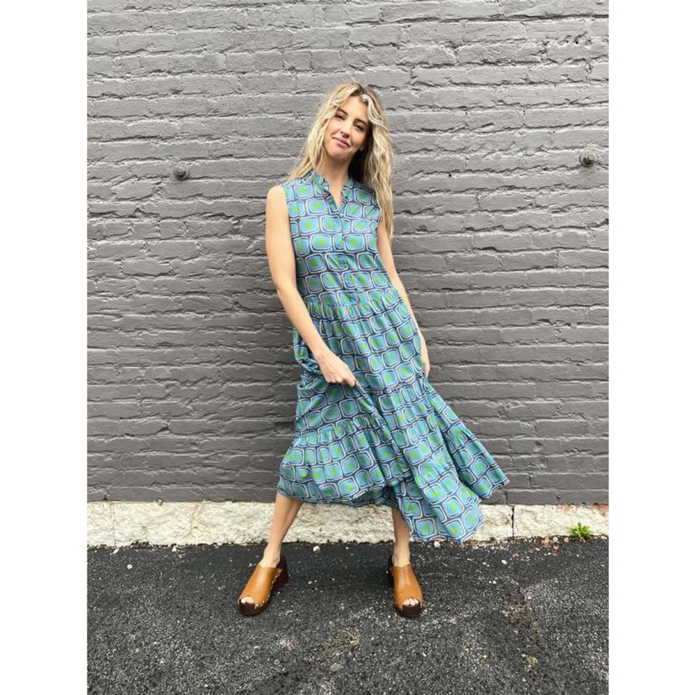 0039 Italy Mila Dress Square Print Maxi Dress XS‎ Blue Green Summer Designer